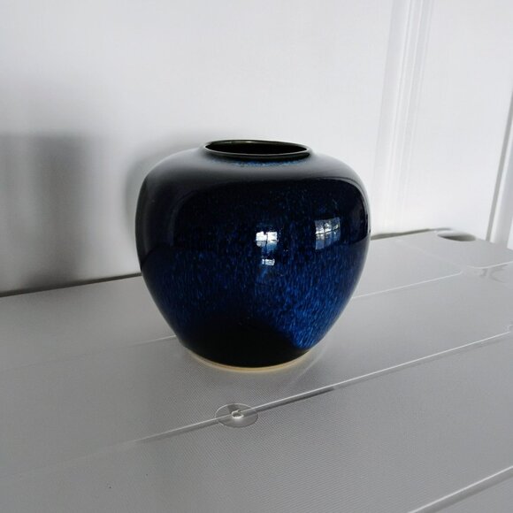 Japanese Blue Black Flambe Drip Glaze Vase 4.5" Vintage Japan Frogskin Pottery - Picture 11 of 11